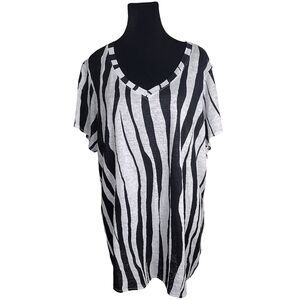 RACHEL ZOE Black/Wht Zebra Print 100% Linen High-Low Hem Slub Knit Top 2X